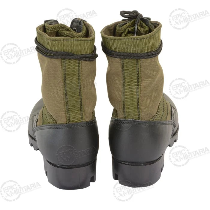 Rear view of boot pair showing black leather heel counters and olive drab backstay webbing