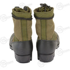 Rear view of boot pair showing black leather heel counters and olive drab backstay webbing