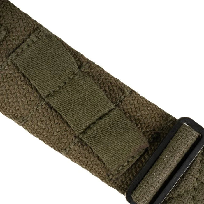 Close-up of the canvas loops and keepers on the shoulder strap of WWII US Army M1944 suspenders.
