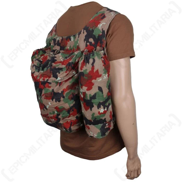 Side view showing the left profile and long side pocket of the Swiss Army M70 Alpenflage modified backpack.