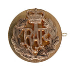 Front view of the gold-toned Staybrite Royal Air Force cap badge mounted on its brass backing plate.