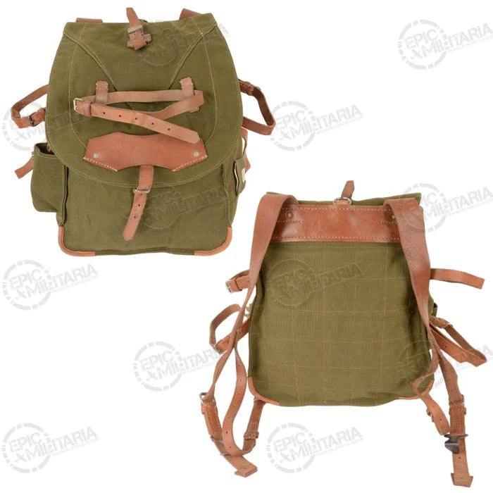 Front and back view of the Romanian Cold War canvas rucksack with adjustable leather shoulder straps