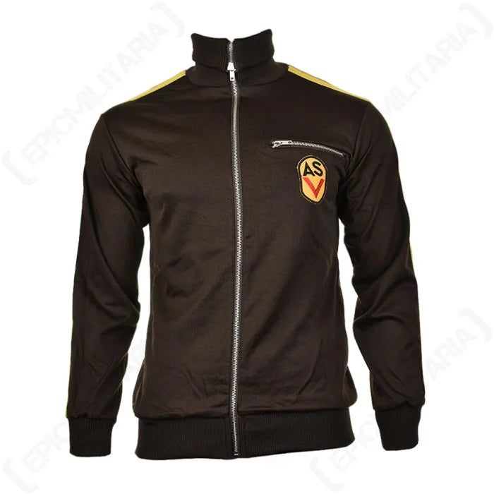 Front view of the East German Sports Jacket in brown with the embroidered ASV chest patch and full-length zipper