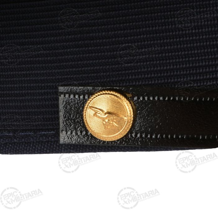 Close up of gold-tone brass button featuring Italian Air Force eagle on dark blue visor cap