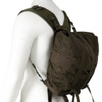Brown backpack on a mannequin with a white background