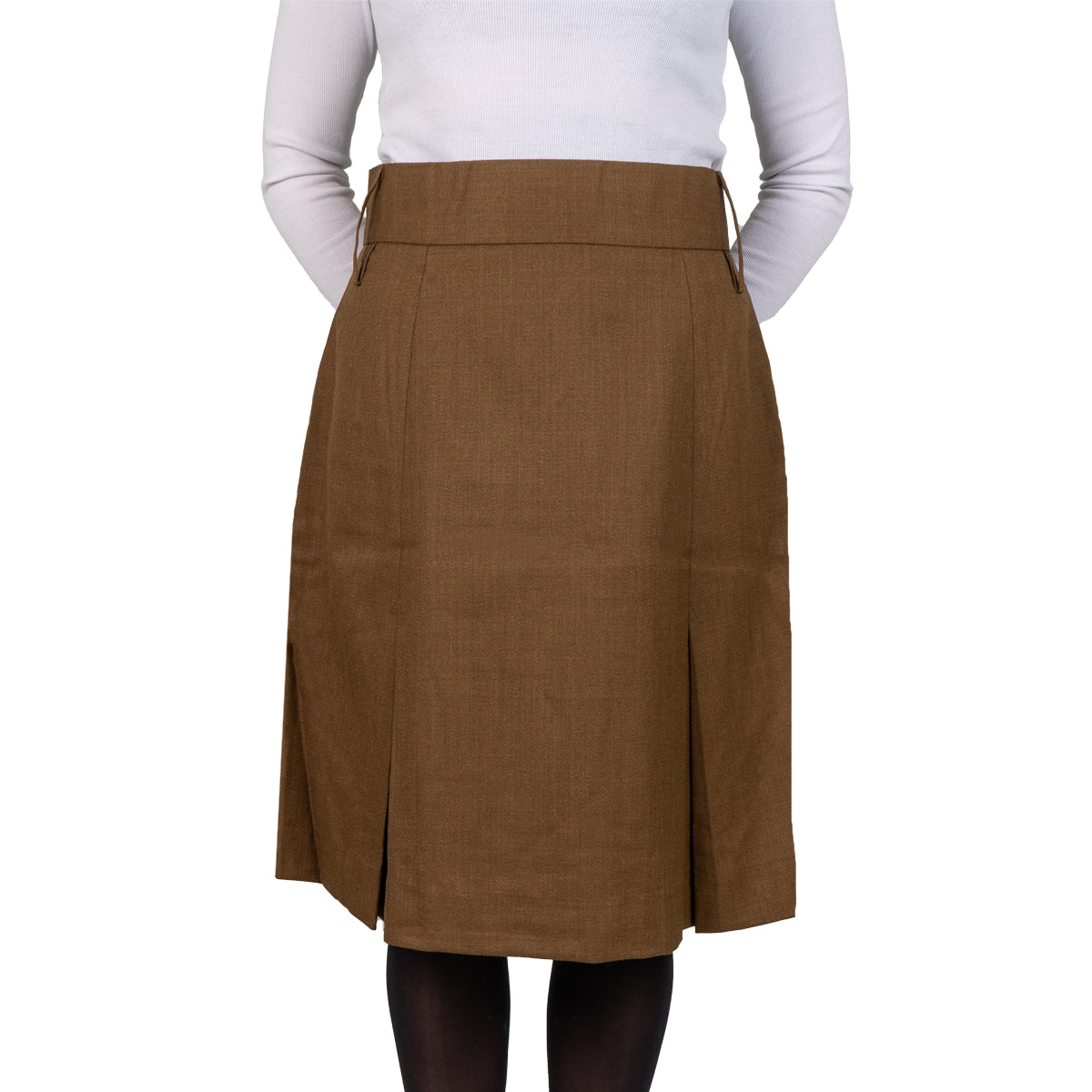 Model wearing an original British Army Barrack Dress Skirt, demonstrating the classic fit, high waist, and midi-length silhouette.