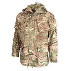 Three-quarter front view of British Army MTP smock showing angled sleeve pocket and zip front