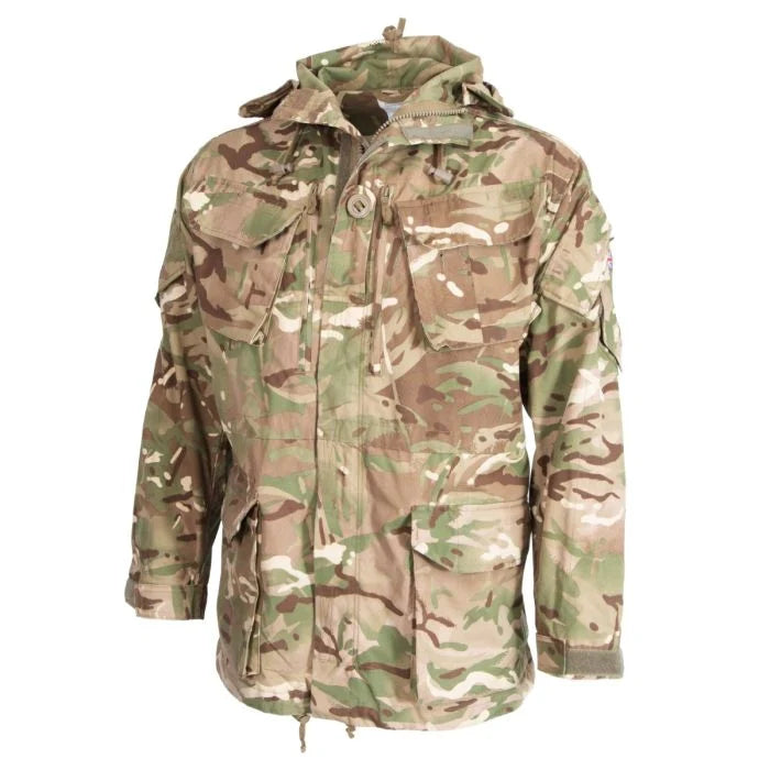 Three-quarter front view of British Army MTP smock showing angled sleeve pocket and zip front