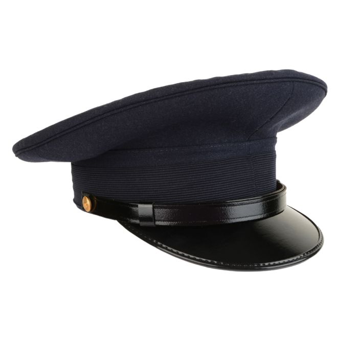 Original Italian Air Force dark blue wool visor cap with black chinstrap and gloss peak side angle view