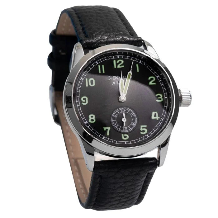 Angled three-quarter perspective of the 1938 pattern German military watch showing subdial and dial details