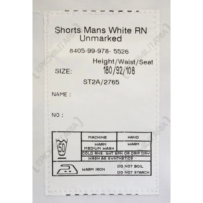 Official issue military label on British Royal Navy white shorts with NATO Stock Number