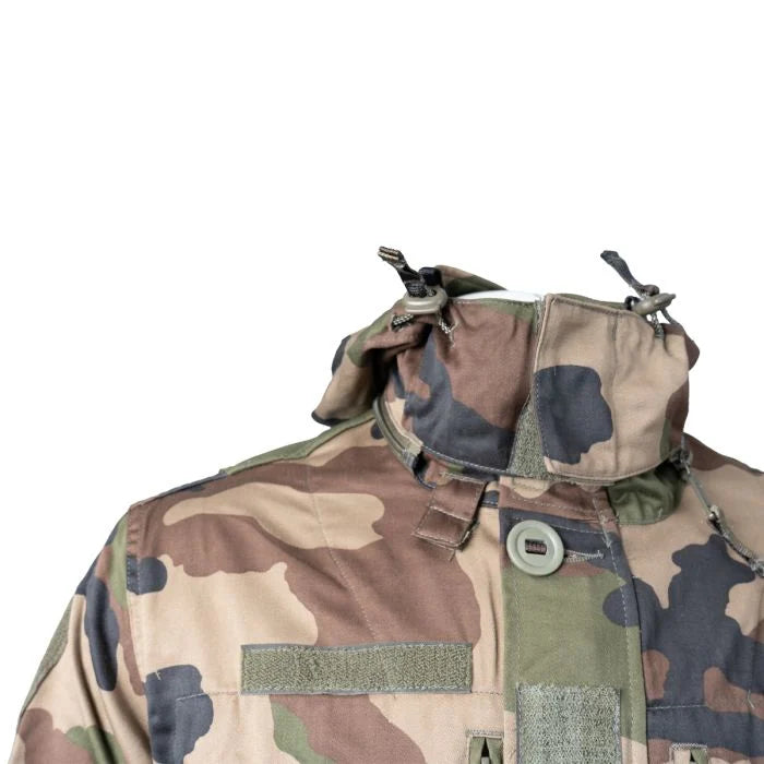 Close-up of the collar and hood attachment on French Army FELIN T4 combat jacket