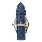 Rear view of the blue textured PU leather strap with polished stainless steel buckle