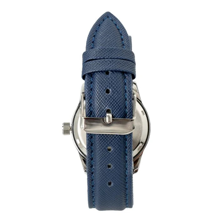 Rear view of the blue textured PU leather strap with polished stainless steel buckle