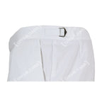 Close-up of side metal buckle adjuster and waistband pleats on Royal Navy white shorts