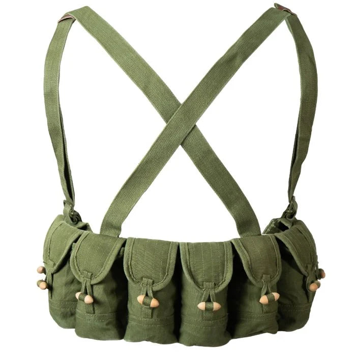 Front view of the olive green Chinese Chicom Type 56 SKS chest rig with X-back shoulder straps