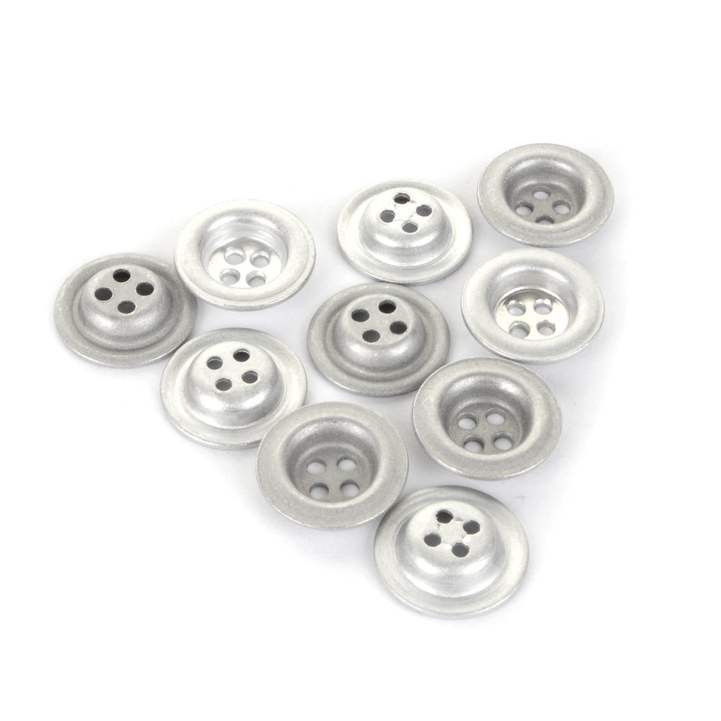A collection of ten 18mm 4-hole silver dish buttons arranged in a triangular shape against a white background.
