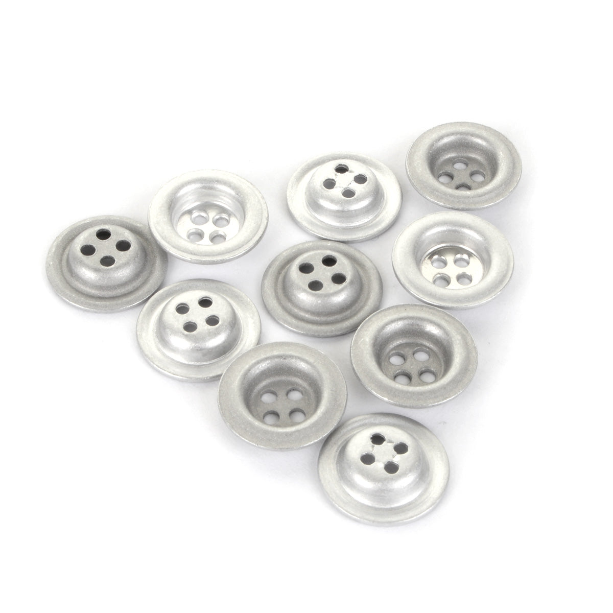 A collection of ten 18mm 4-hole silver dish buttons arranged in a triangular shape against a white background.