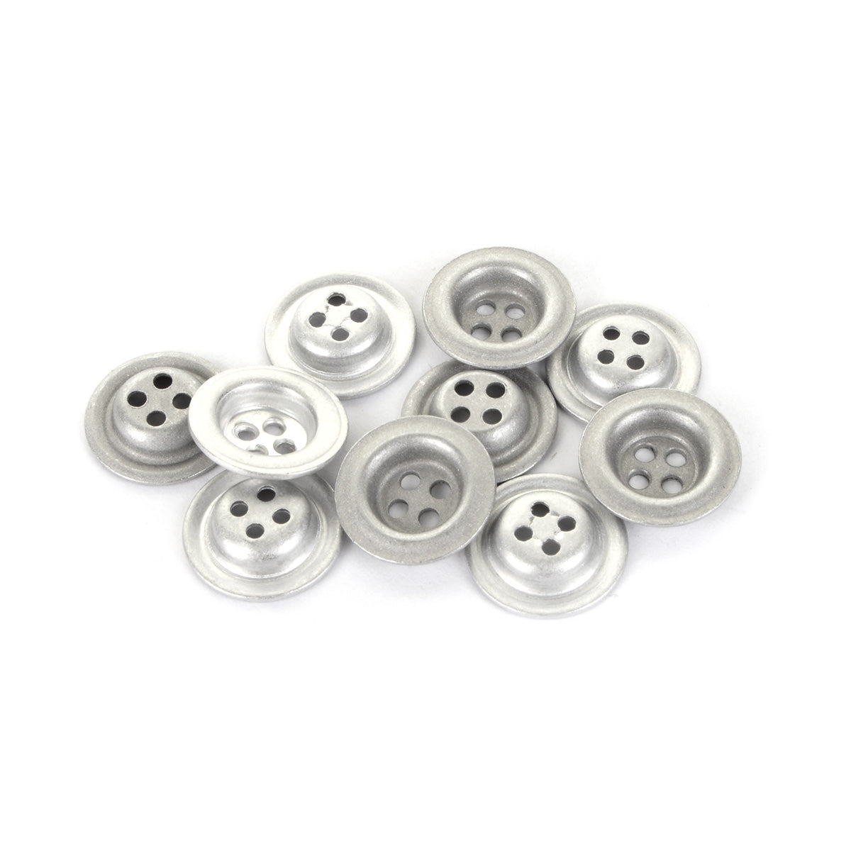A group of eleven silver-finish metal dish buttons scattered, showcasing the durable German-made 18mm design.