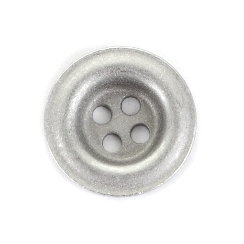A single authentic German 18mm 4-hole silver button with a classic dish-style rim, viewed from a top-down angle.