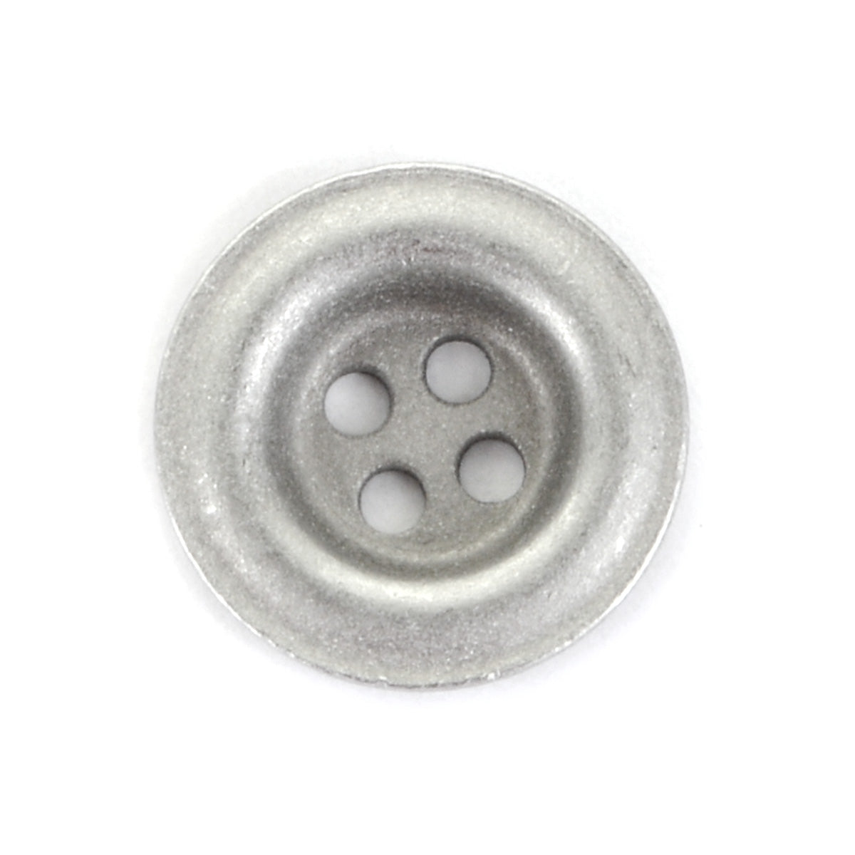 A single authentic German 18mm 4-hole silver button with a classic dish-style rim, viewed from a top-down angle.