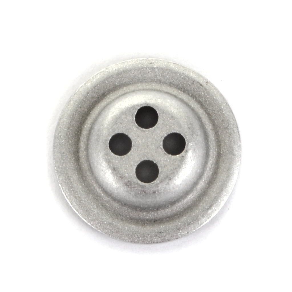 Close-up of a high-quality silver 18mm 4-hole dish button, highlighting the smooth metal texture and precise sewing holes.