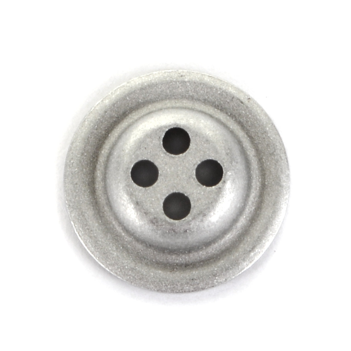 Close-up of a high-quality silver 18mm 4-hole dish button, highlighting the smooth metal texture and precise sewing holes.