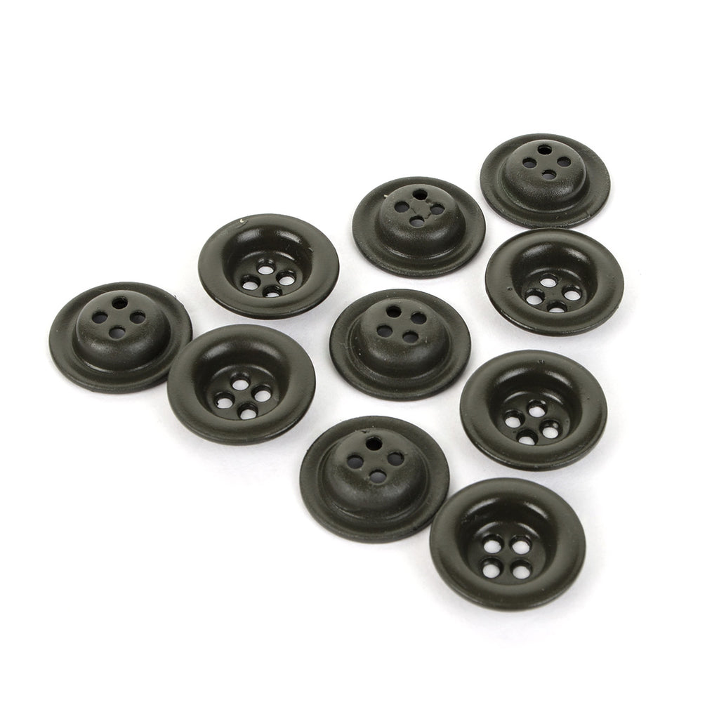 Ten original 18mm field grey German military dish buttons arranged in a pyramid formation against a plain white background.