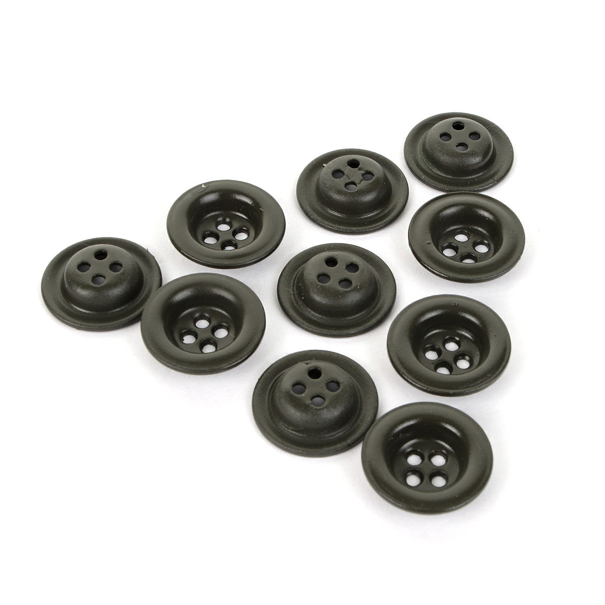 Ten original 18mm field grey German military dish buttons arranged in a pyramid formation against a plain white background.