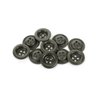 A scattered pile of ten authentic German 18mm field grey dish buttons, showcasing their classic 4-hole construction and matte finish.