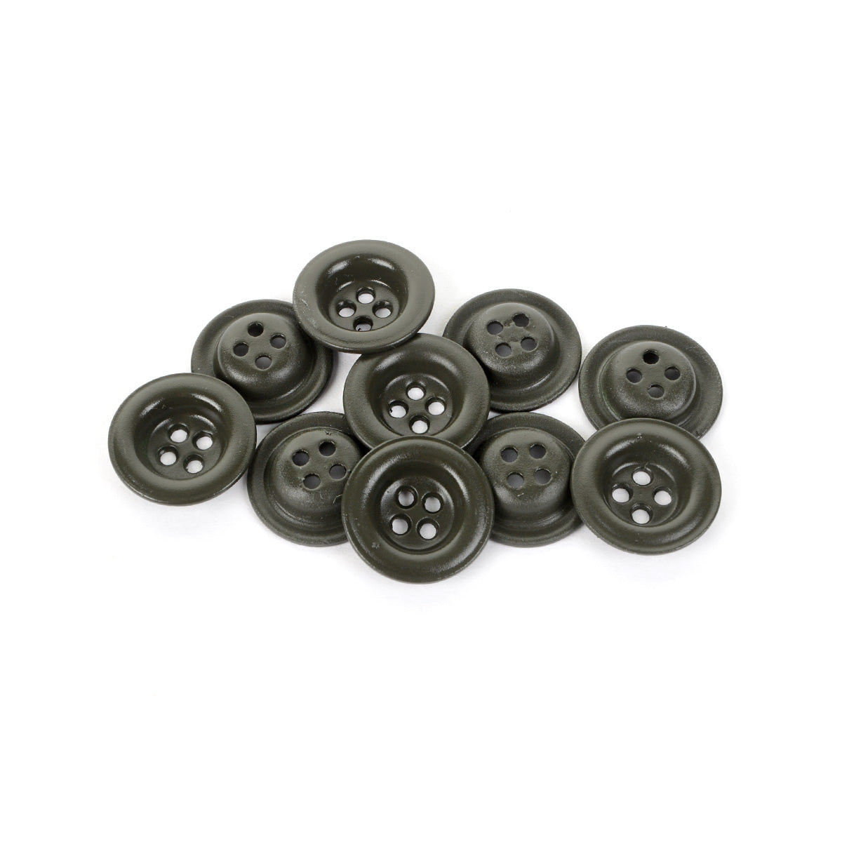 A scattered pile of ten authentic German 18mm field grey dish buttons, showcasing their classic 4-hole construction and matte finish.
