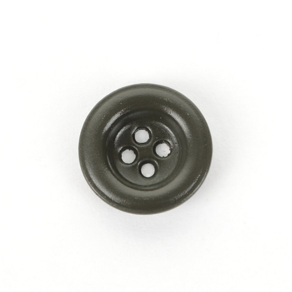 A single original 18mm field grey German dish button featuring a distinct 4-hole design and curved rim, viewed from a top-down angle.