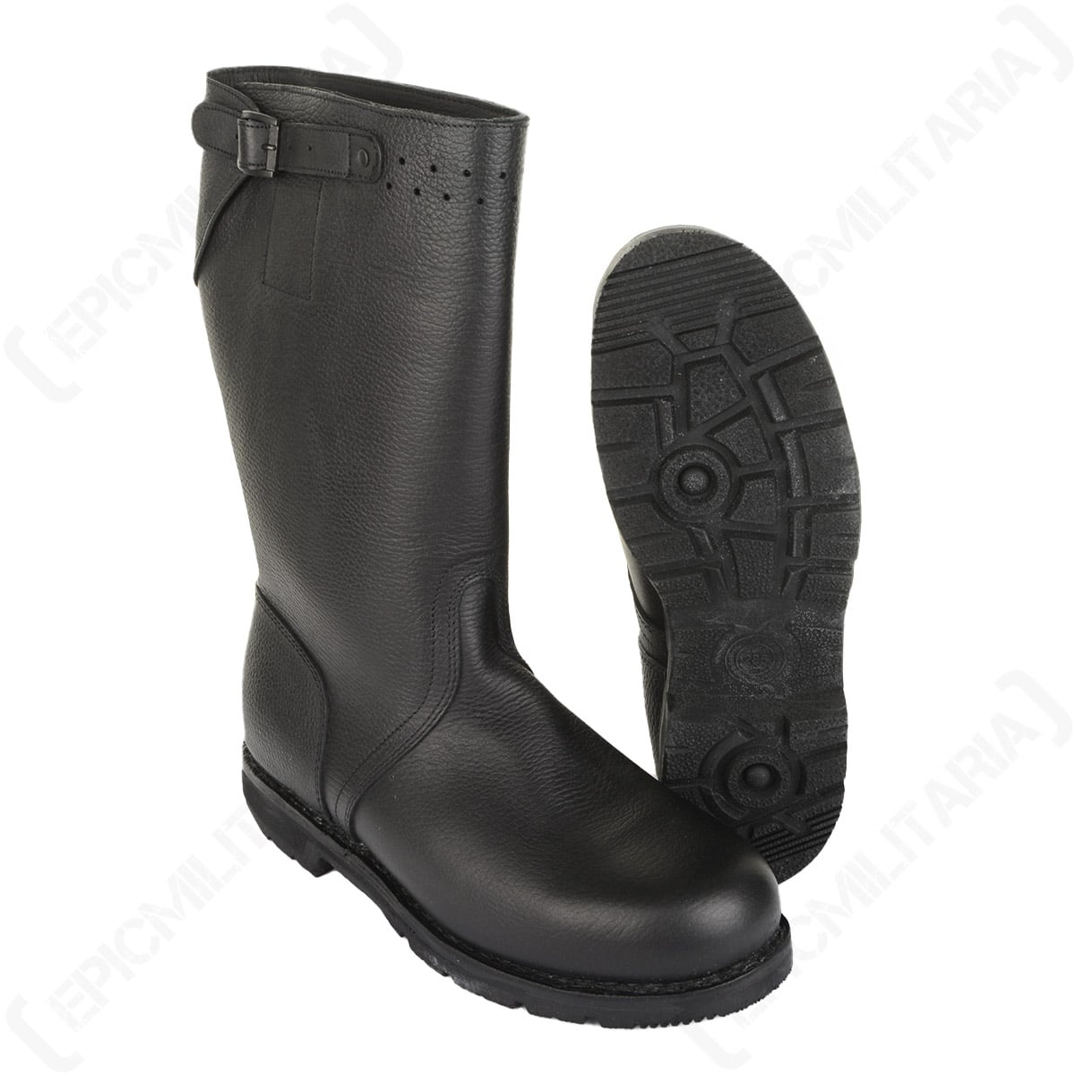 Original Bundesmarine black leather jackboot and the underside of its textured rubber sole.