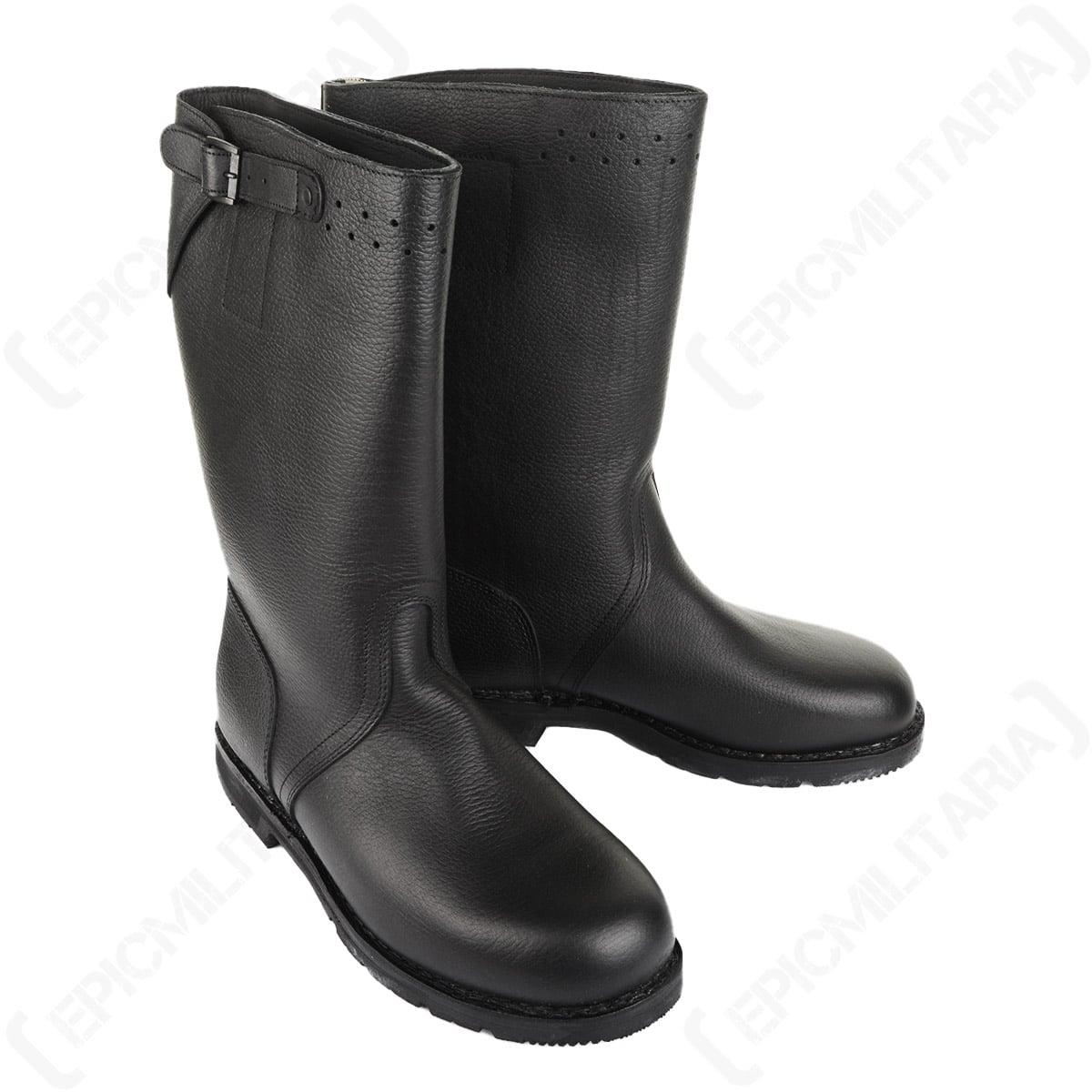 Pair of Bundesmarine short black leather jackboots with adjustable calf straps and metal buckles.