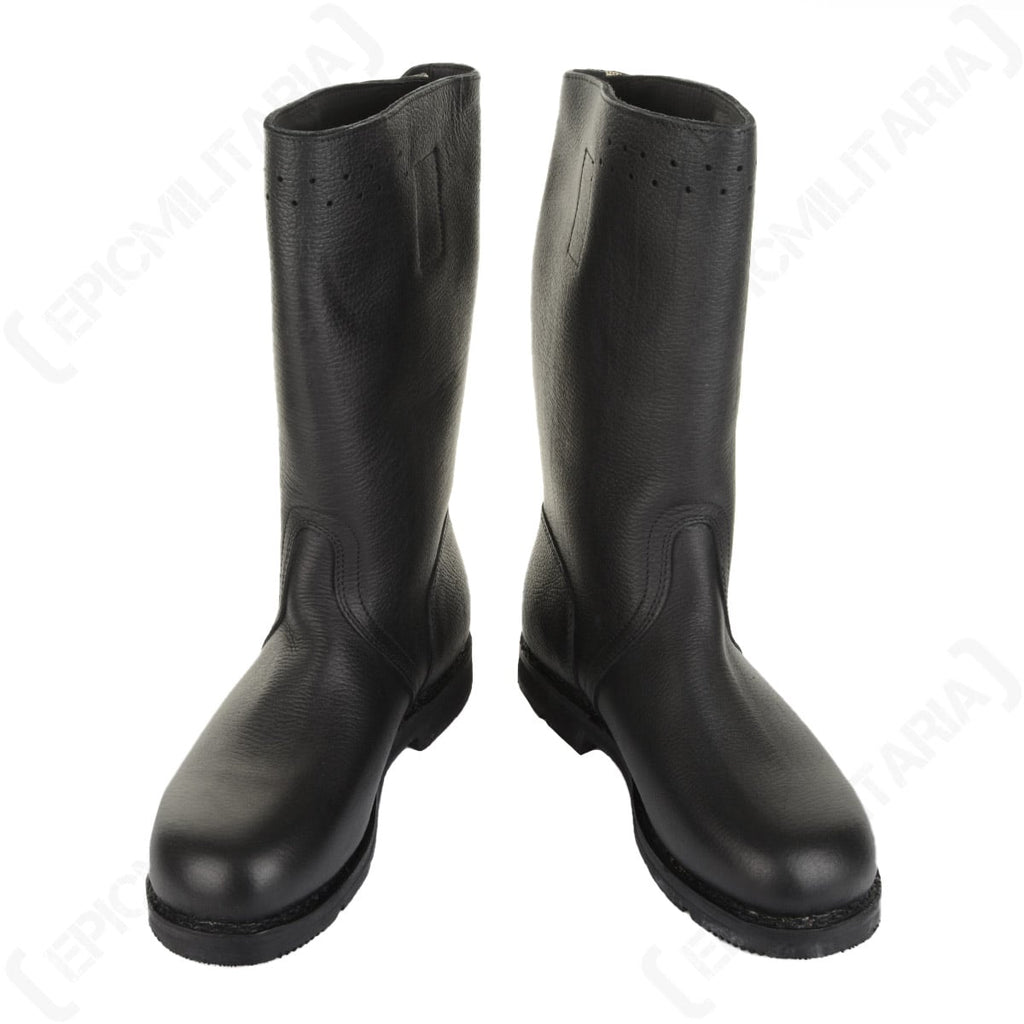 Front view of a pair of German Bundesmarine jackboots featuring durable black leather and a shorter shaft design.