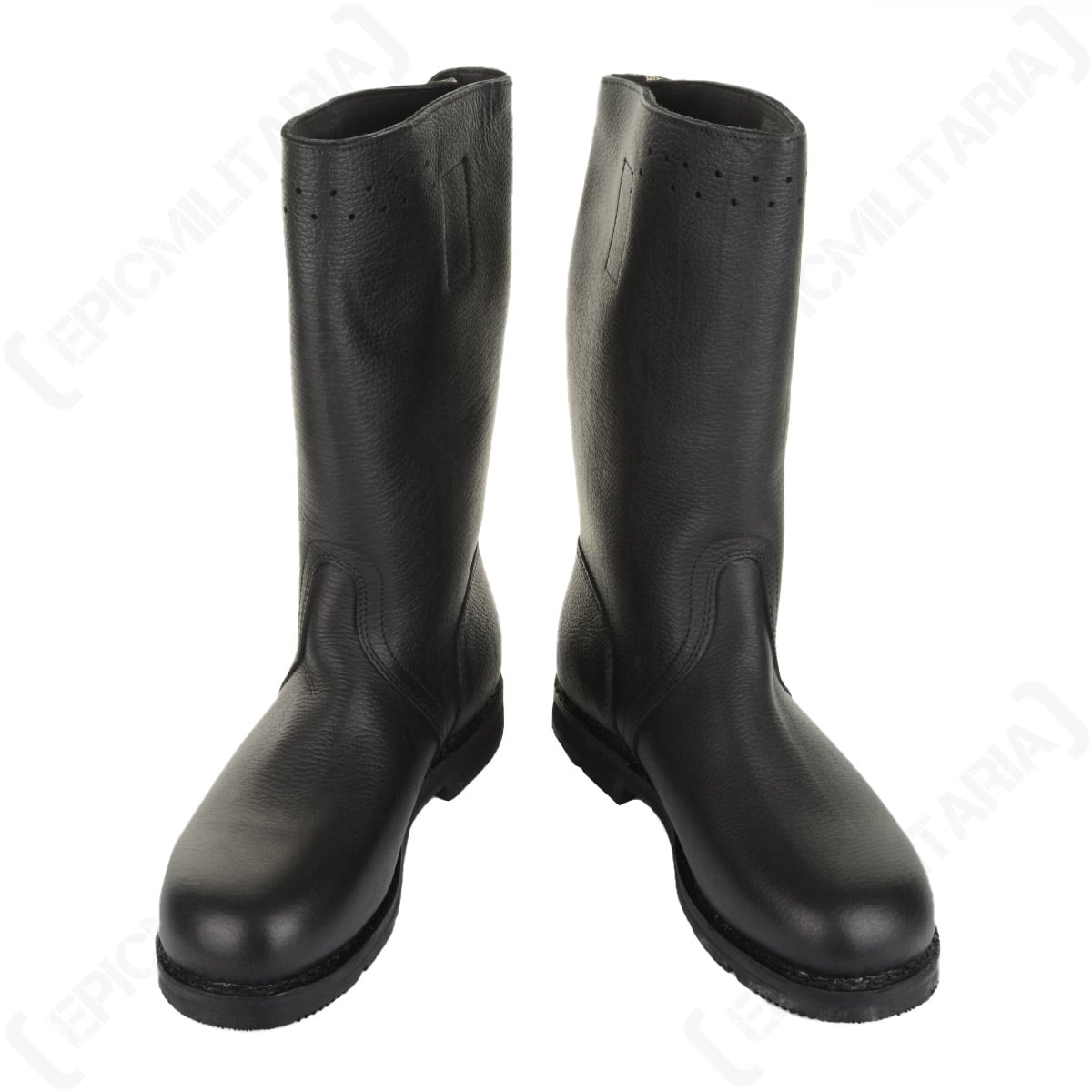Front view of a pair of German Bundesmarine jackboots featuring durable black leather and a shorter shaft design.