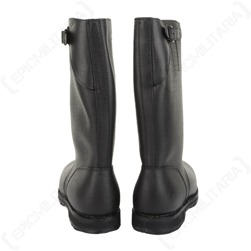 Rear view of two black leather Bundesmarine jackboots showing the adjustable calf buckles and reinforced construction.