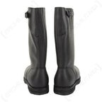 Rear view of two black leather Bundesmarine jackboots showing the adjustable calf buckles and reinforced construction.