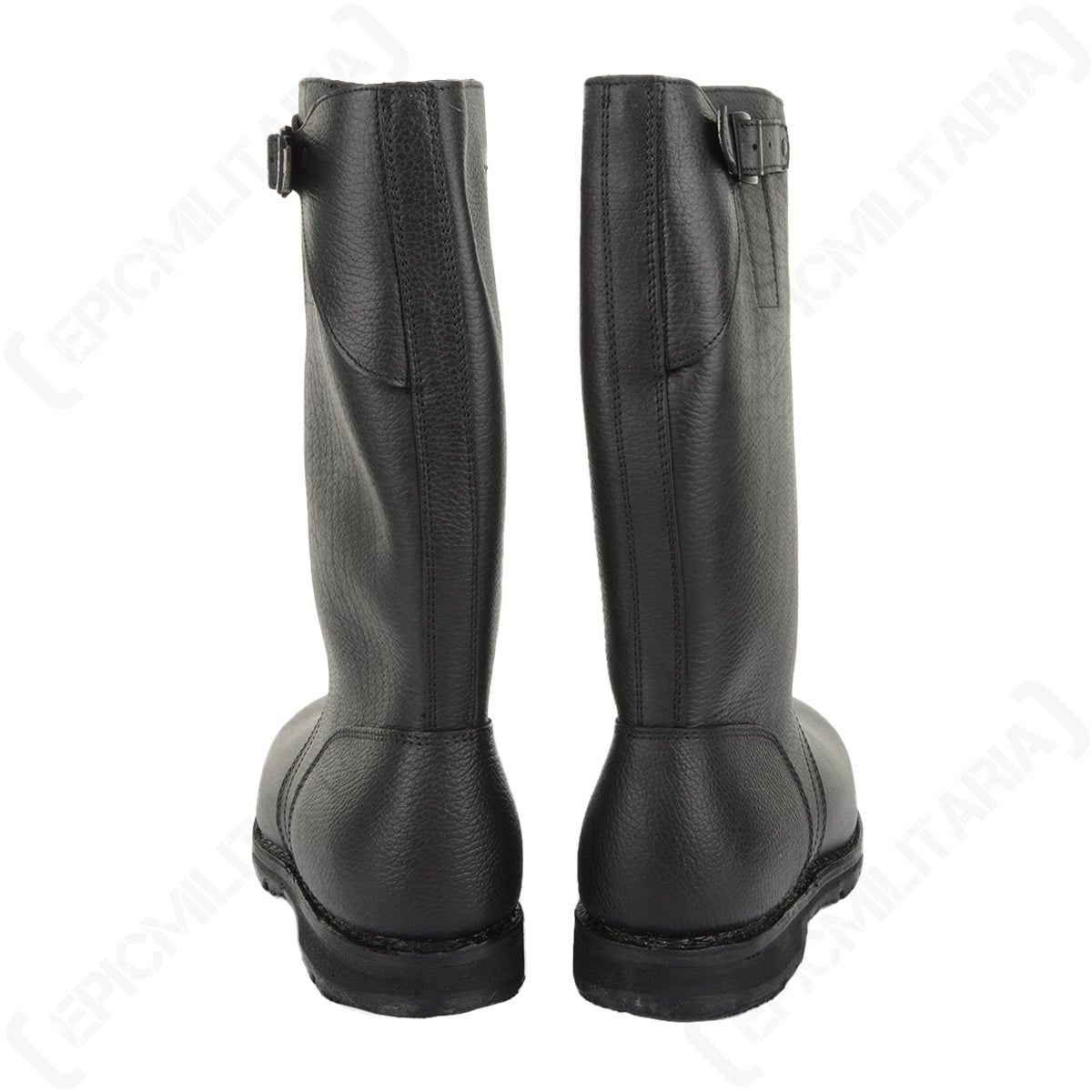 Rear view of two black leather Bundesmarine jackboots showing the adjustable calf buckles and reinforced construction.