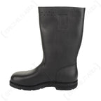 Side profile of an unissued Bundesmarine short black leather jackboot with top edge perforation detail.