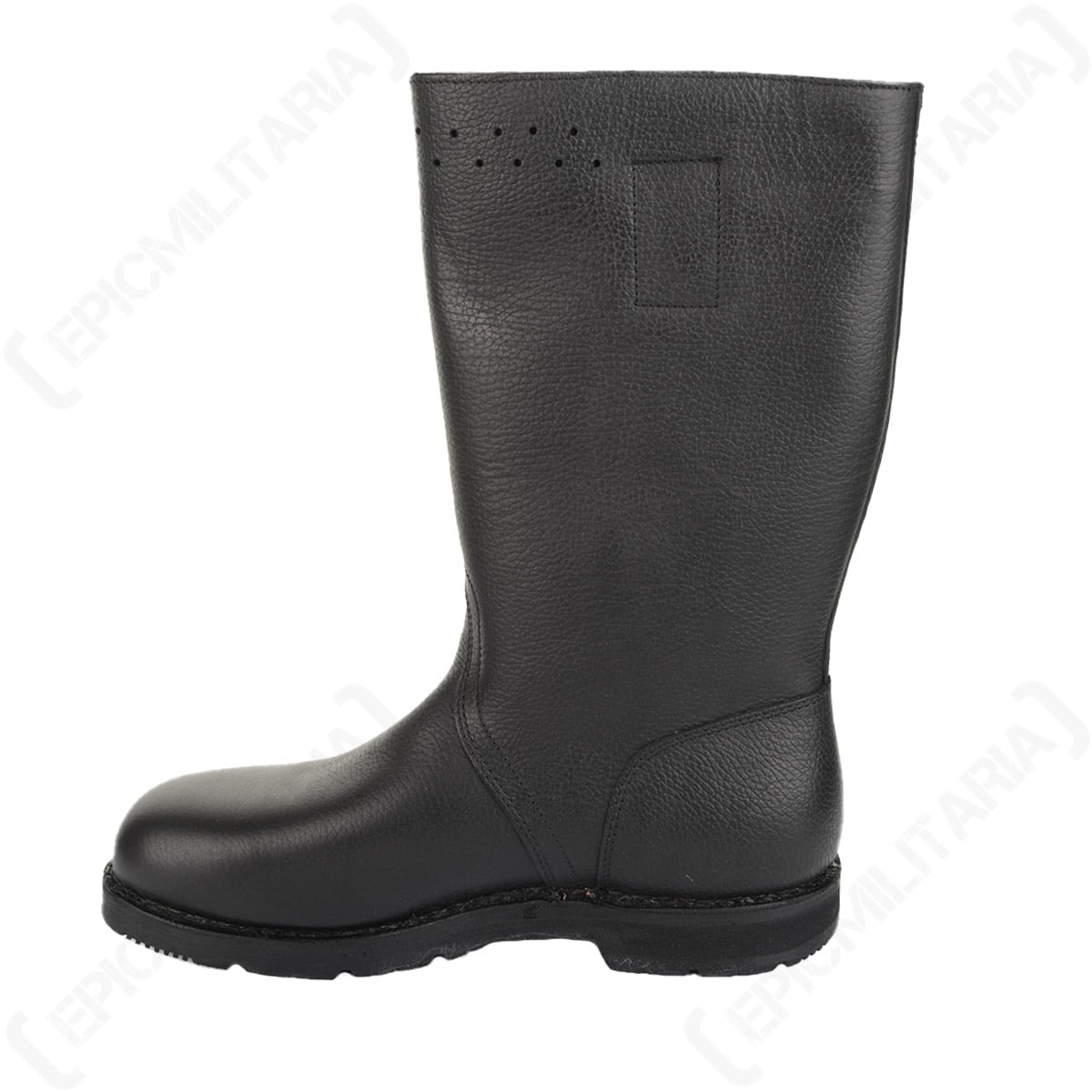 Side profile of an unissued Bundesmarine short black leather jackboot with top edge perforation detail.