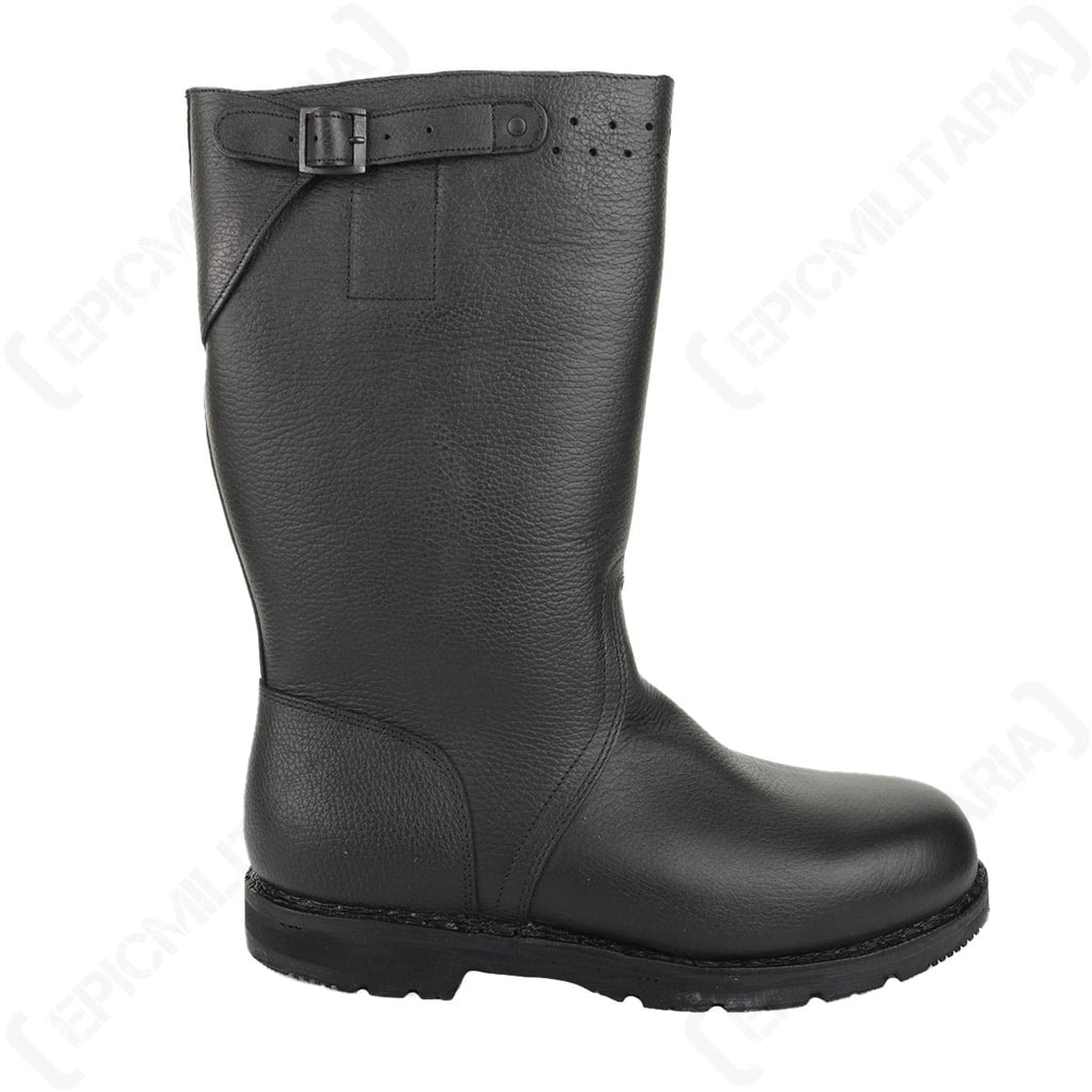Outer side angle of a Bundesmarine black leather jackboot showing the adjustable calf strap and buckle.