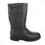 Outer side angle of a Bundesmarine black leather jackboot showing the adjustable calf strap and buckle.