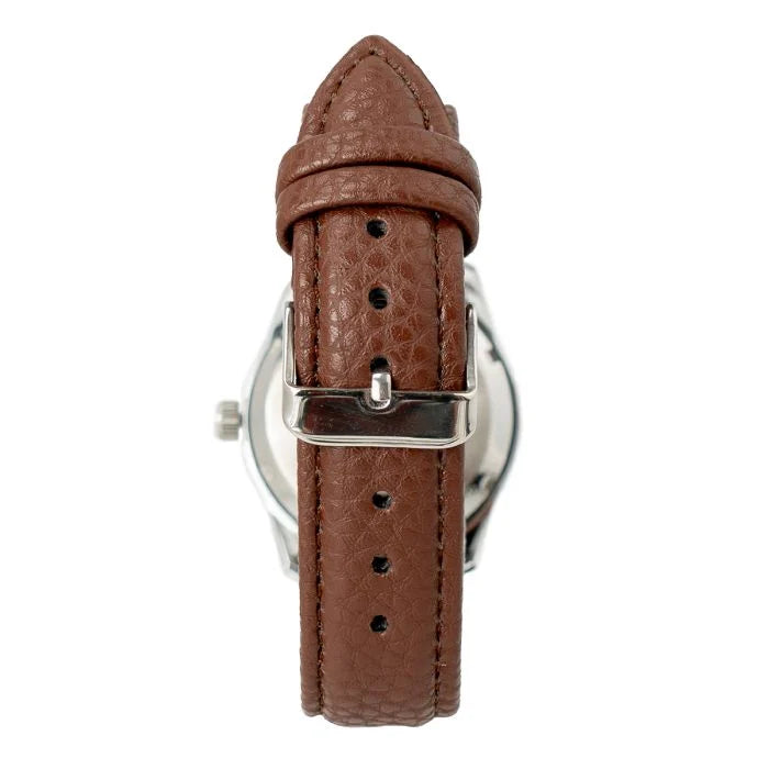 Rear view of brown pebbled PU leather watch strap with polished pin buckle