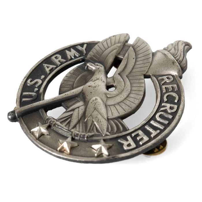 Angled perspective view of polished metal US Army Recruiter Identification Badge