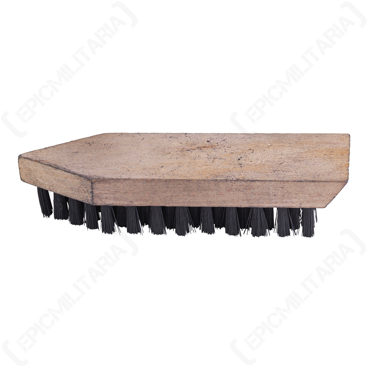 Original German Army shoe brush featuring a sturdy wooden handle and stiff black synthetic bristles viewed from the side.