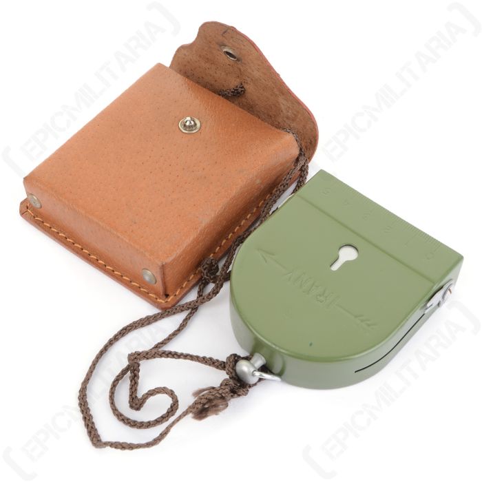 Hungarian Army 39/49 M. Tájoló compass next to brown leather carrying pouch and lanyard