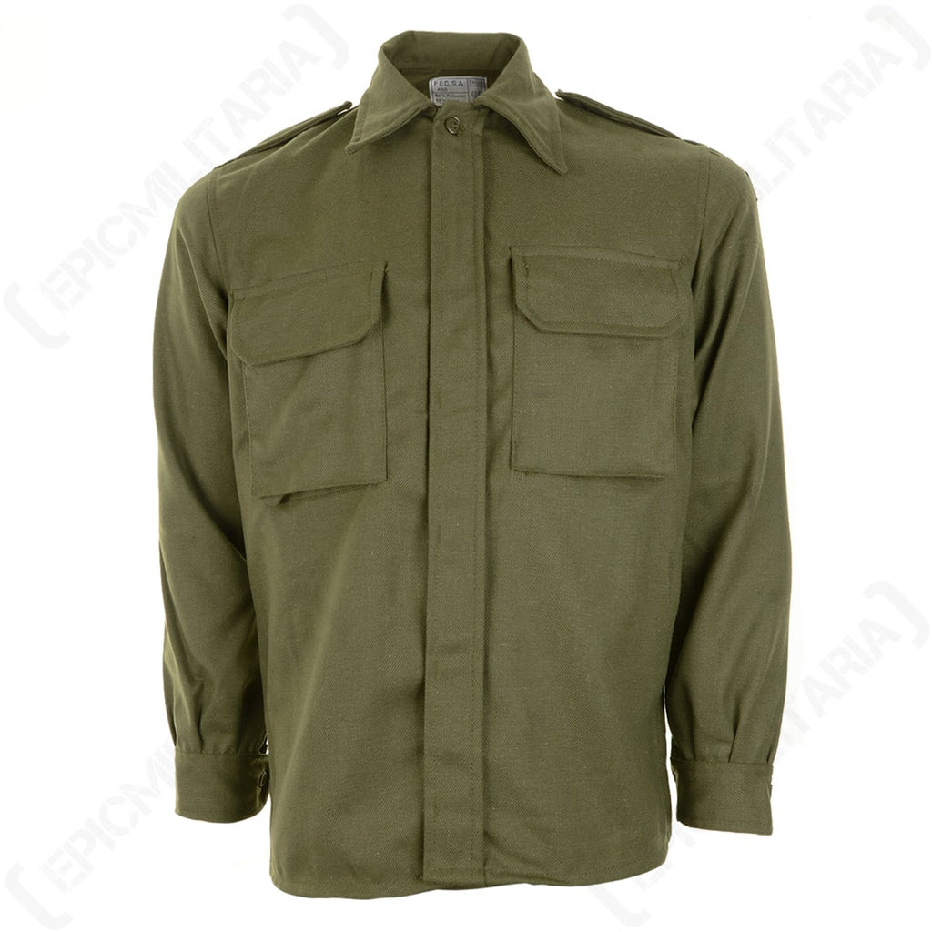 Original Spanish Army field shirt in olive green with a concealed button-down front, featuring dual chest pockets and shoulder epaulettes.