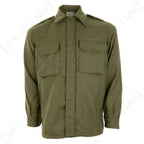 Original Spanish Army field shirt in olive green with a concealed button-down front, featuring dual chest pockets and shoulder epaulettes.