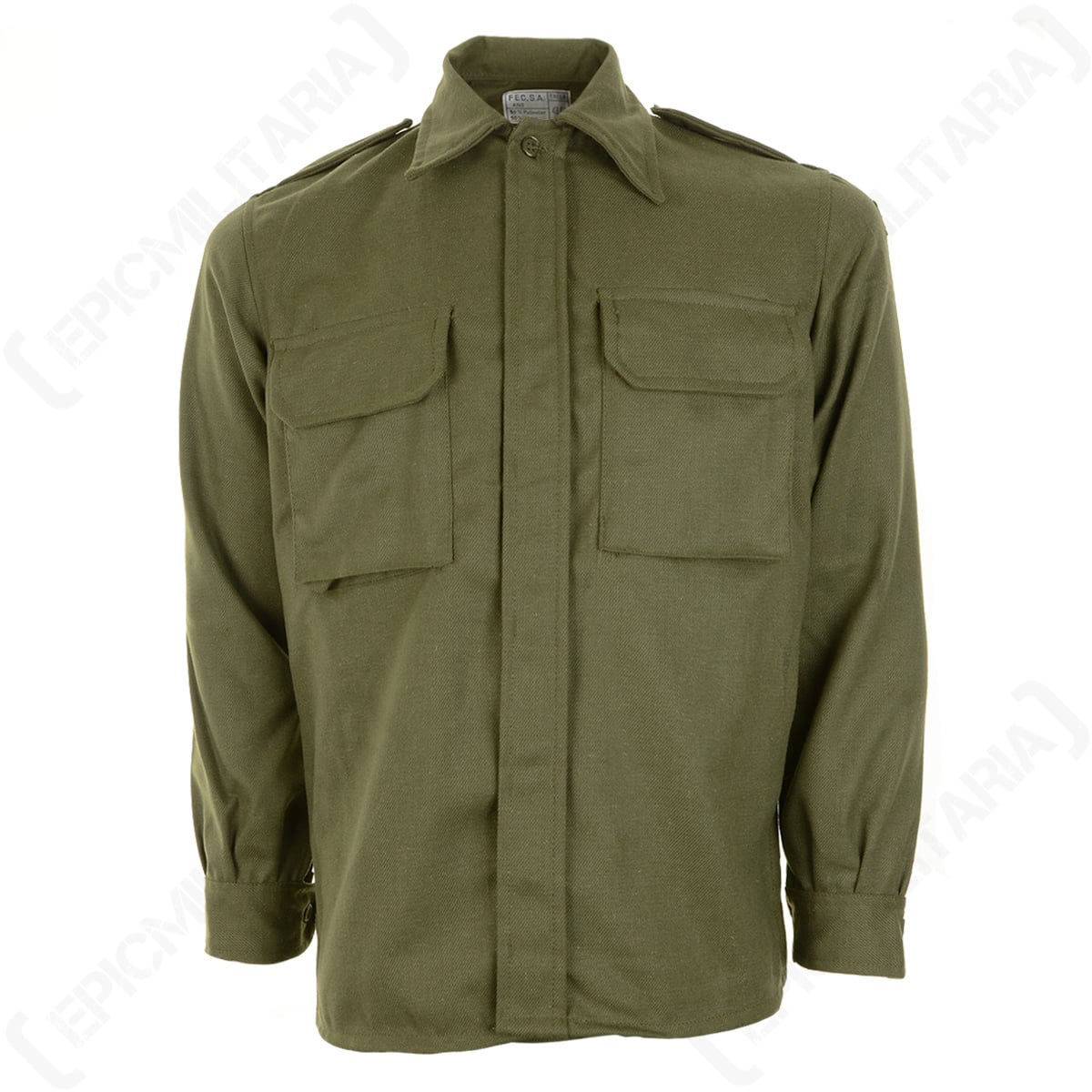 Original Spanish Army field shirt in olive green with a concealed button-down front, featuring dual chest pockets and shoulder epaulettes.